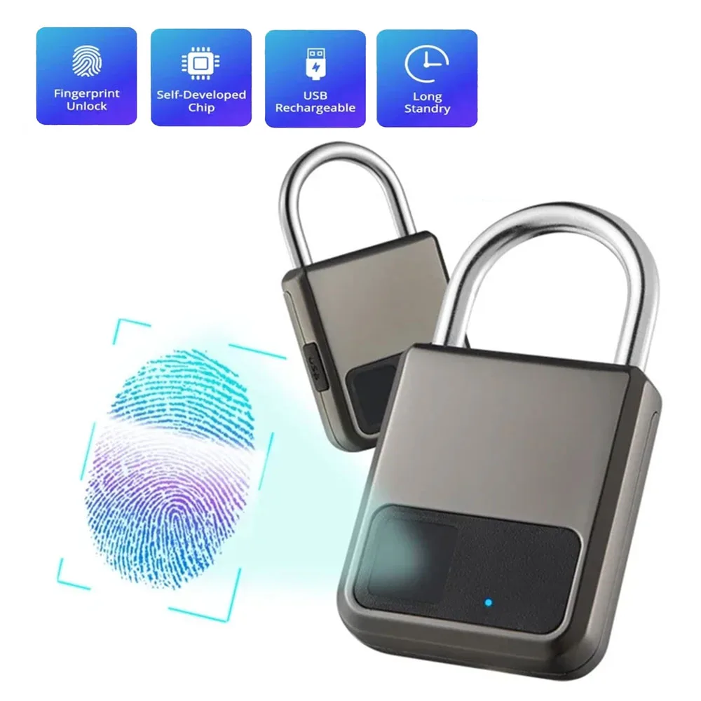 Fingerprint Padlock Smart Keyless Lock Waterproof USB Rechargeable Anti-Theft Security Lock for Bike Gym Locker Luggage Travel