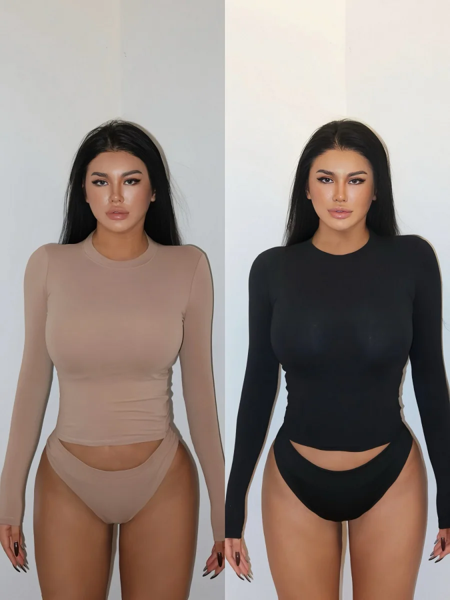 LAPINKY Kardashian Kolor Prosty Mały Okrągły Długi Top Bez Rękawów Wysoka Elastyczność Wyszczuplający Podkoszulek T-shirt Street Sle ...