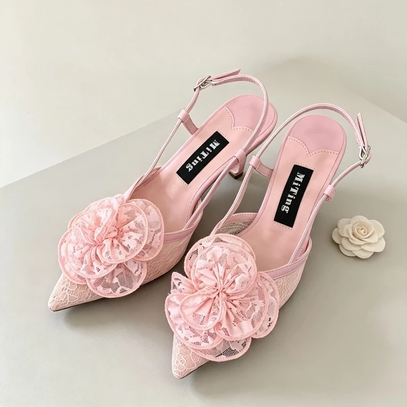 Lace Flowers Slingback Sandals for Women Summer Pointed Toe Pumps Mules Party Dress Shoes Breathable Elegant Mesh Women Heels