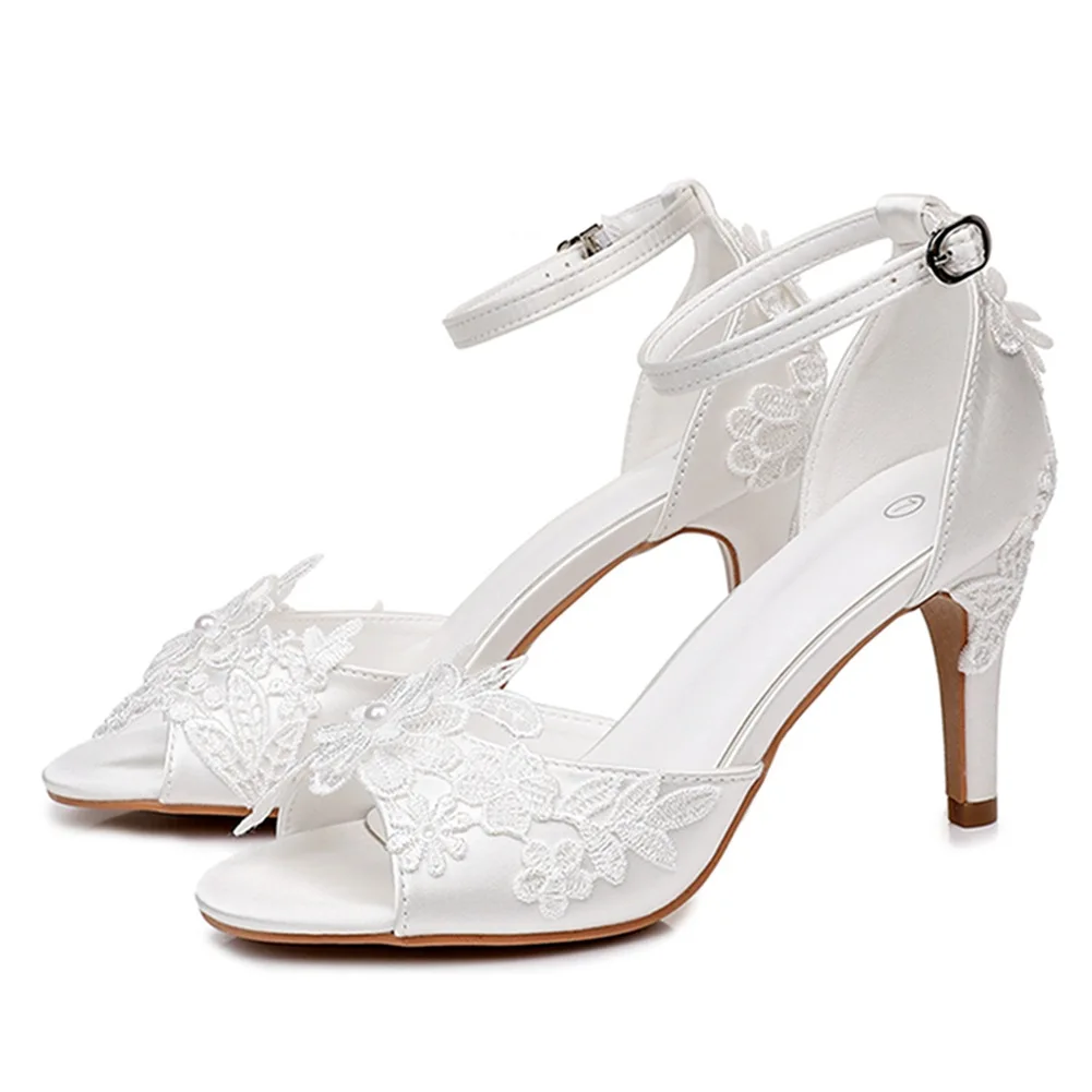 

Summer new round head fish beak silk pearl lace flower wedding shoes banquet dress large size thin high-heeled women's sandals