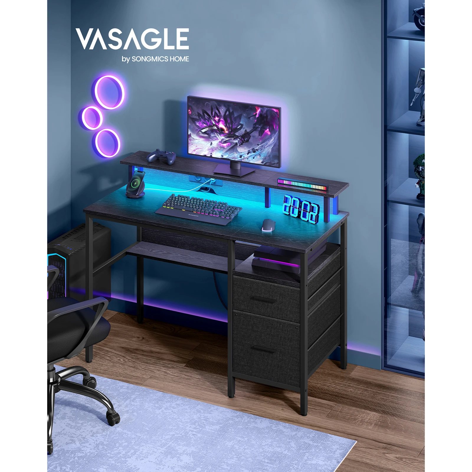 VASAGLE Corner Desk: Fabric Drawers, LED Lights, Power Outlets. Monitor Shelf, 2 Drawers, 2 USB Ports. Home Office. Ebony Black.