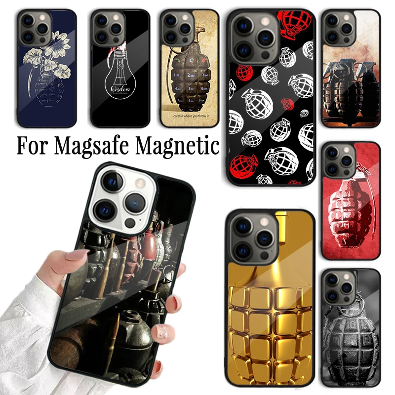 Coque Phone Case For iPhone 16 15 14 13 12 Mini 11 Pro Max Plus Magsafe Magnetic Wireless Charging Cover Weapons Hand Grenade