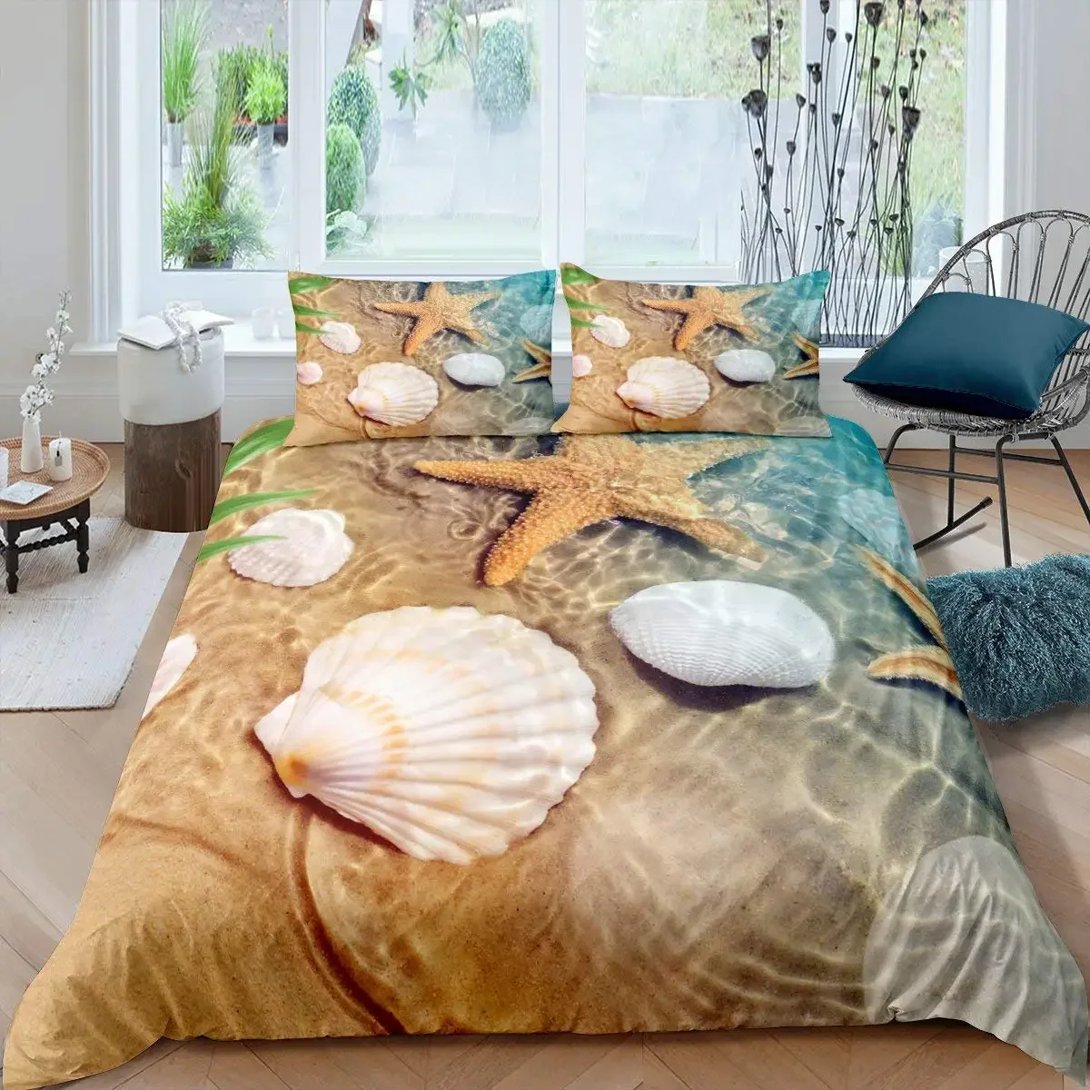 Beach Starfish Seashell King Queen Duvet Cover White Ocean Creatures Bedding Set Hawaii Quilt Cover Polyester Comforter Cover