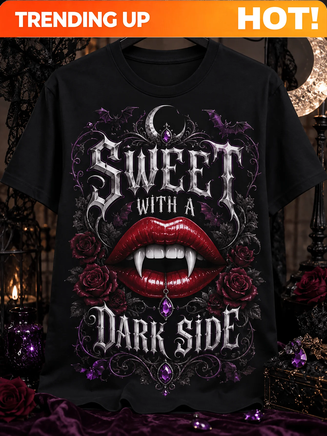 Customization California Republic Women's & Men's Style Tshirt Gothic BITE ME Vampire Lips & Bat Print Unisex Casual Round Neck