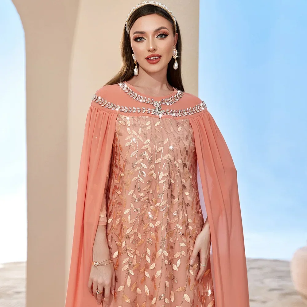 Elegant Long Cape Sleeves Rhinestone Sequins Luxury Evening Dresses Gowns Caftan Marocain Arabic Abaya Muslim Dress Islamic Robe