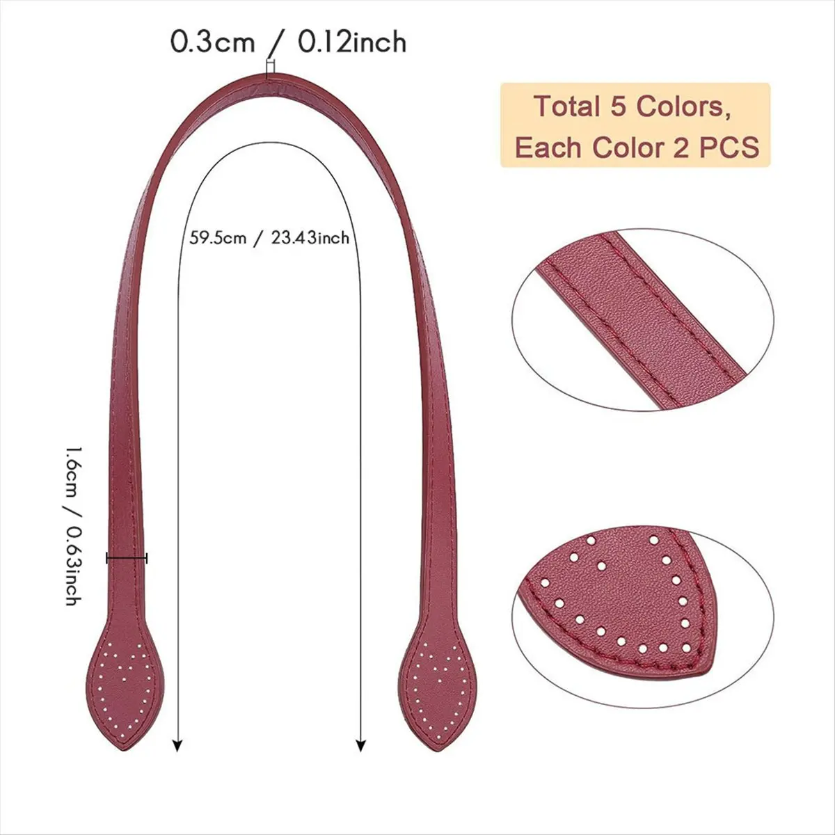 A79G 10pcs 5 Colors 23.62inch PU Leather Purse Straps, Short Bag Handles Purse Bag Strap with Ear Shape End Holes Bag Making