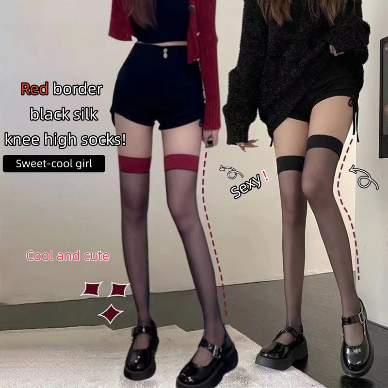 Spliced Contrast Red Edge Black Thigh‑High Stockings Women Elastic Long Over‑Knee Socks Fashion Hosiery Date Night Daily Look