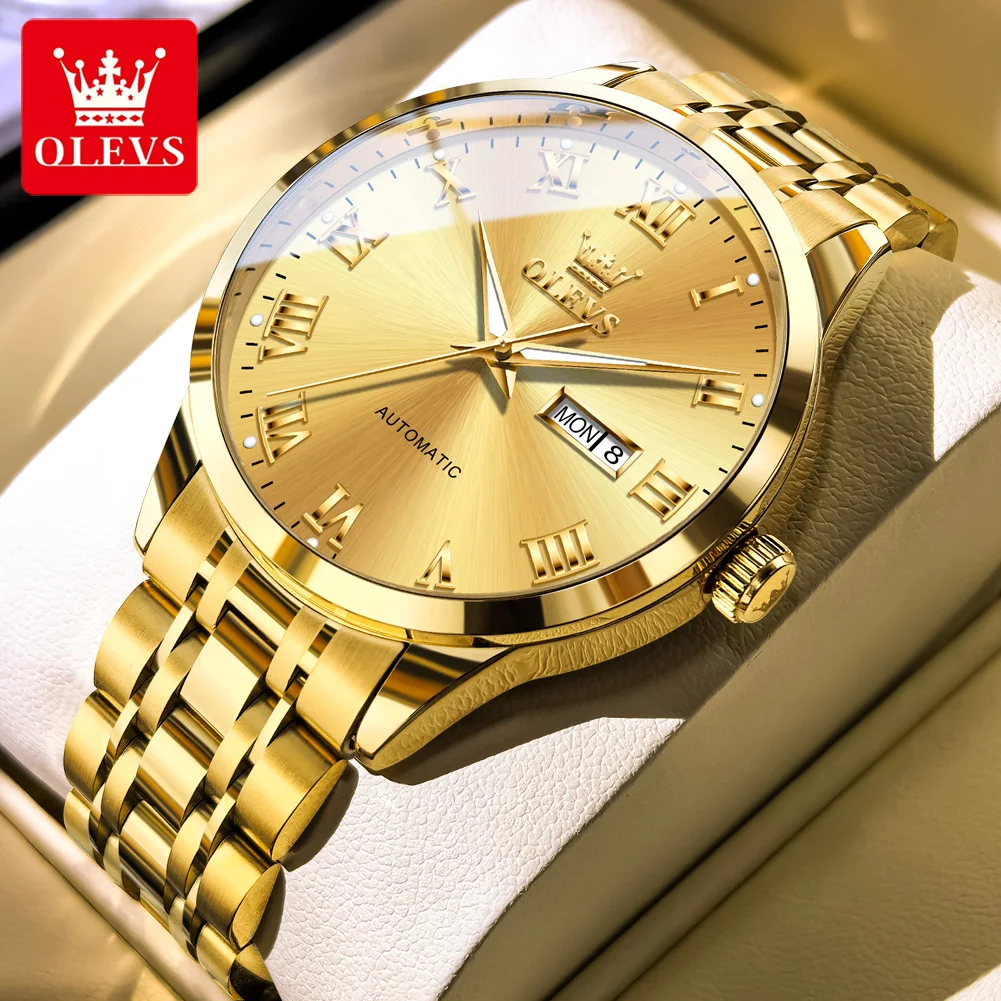

OLEVS мужские механические часы водонепроницаемые из нержавеющей стали модные золотые часы с датой недели для мужчин деловые автоматические наручные часы