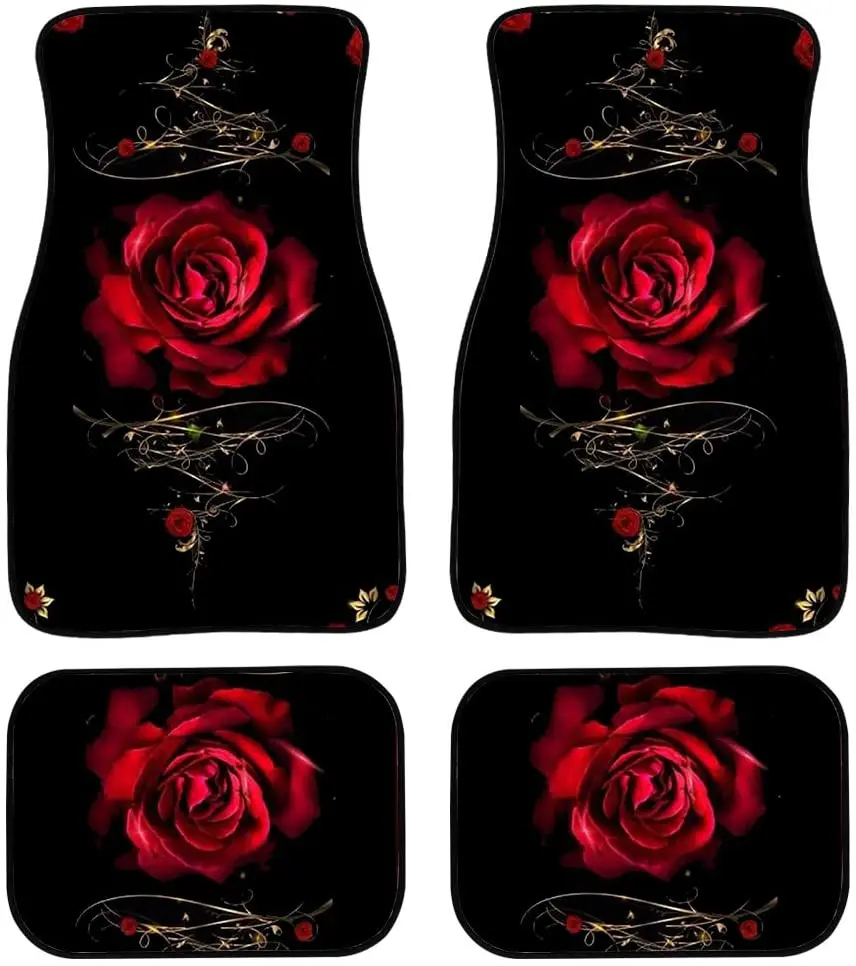 

FUIBENG Red Rose Flower Flroal Print Auto Floor Mat Car Front & Back Floor Carpet Non Slip Anti Dirty Foot Pad Rug Automotive Ac