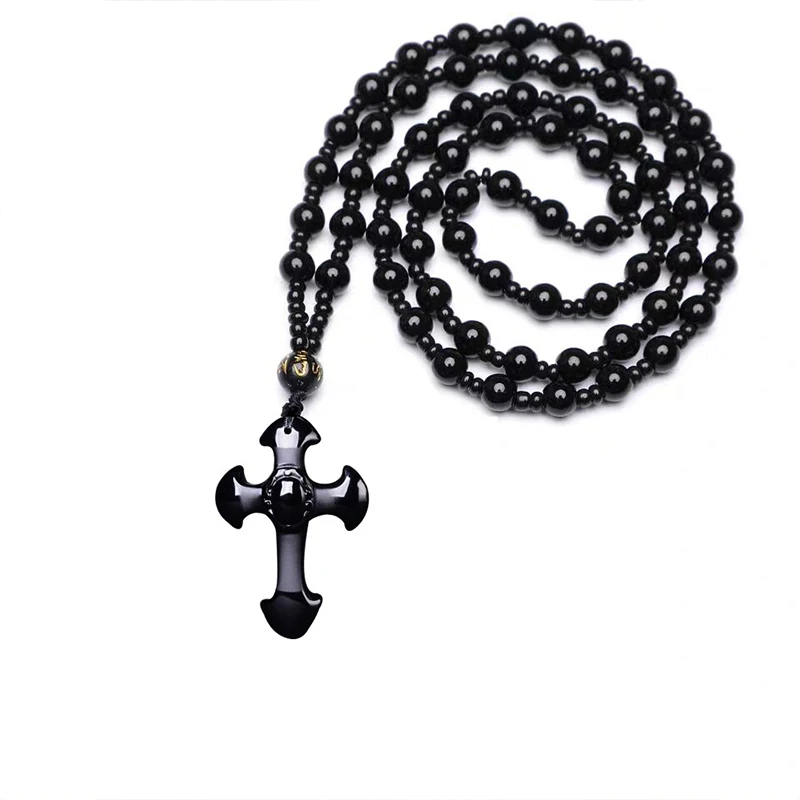 Colgante de obsidiana con cruz cristiana, amuleto de buena suerte, collar con cuentas para hombres y mujeres, regalo de joyería grabado a mano