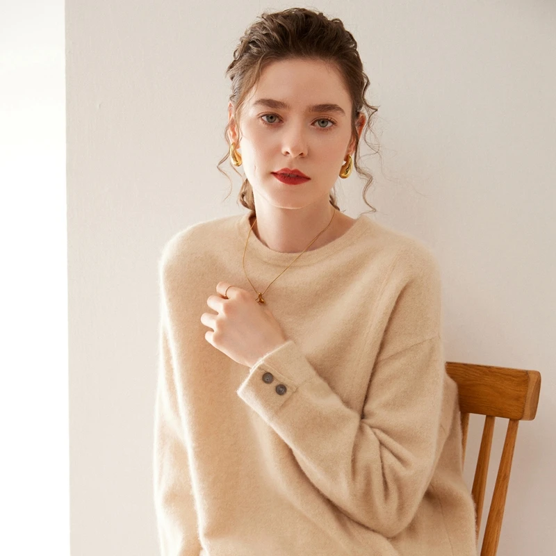 Autumn Winter Women 100% Cashmere Sweater Round Collar Pullover Soft Warm Cashmere Knitwear Long Sleeve Loose Mid-long Clothing