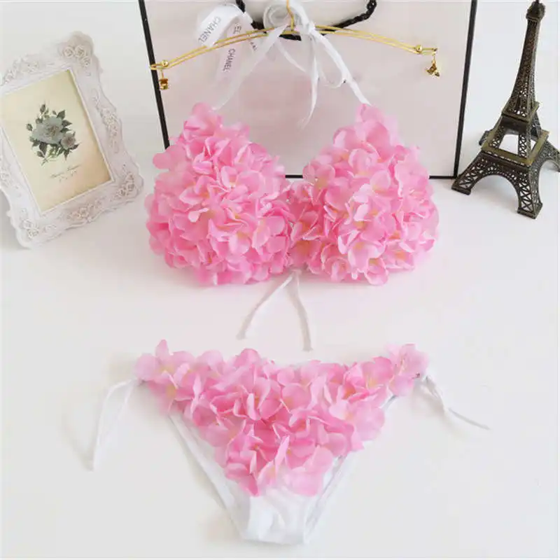 Bikini Floral hecho a mano para mujer, traje de baño de realce, Bikini con Tanga de perlas, bañador Halter