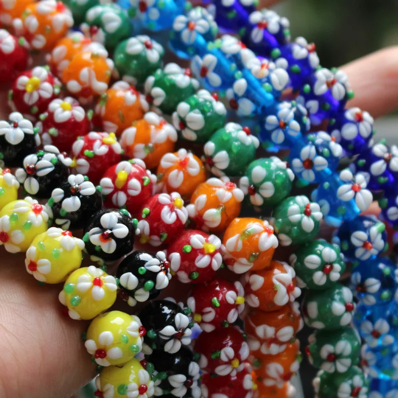 10Pcs 11mm*10mm Lampwork Glass Beads Outer Flower Beads Multi-Color Fashion Beads for Bracelet Necklace Earring Jewelry Making