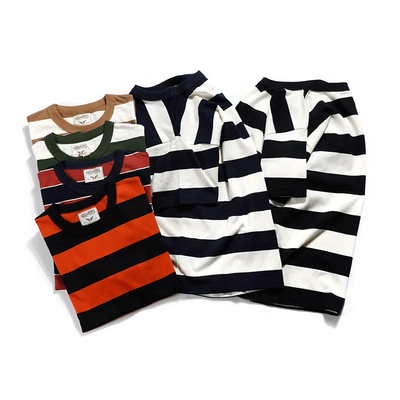New American Retro Khaki T-shirt Heavy Duty Motorcycle Men's Short Sleeved Thick Striped T-shirt 260g