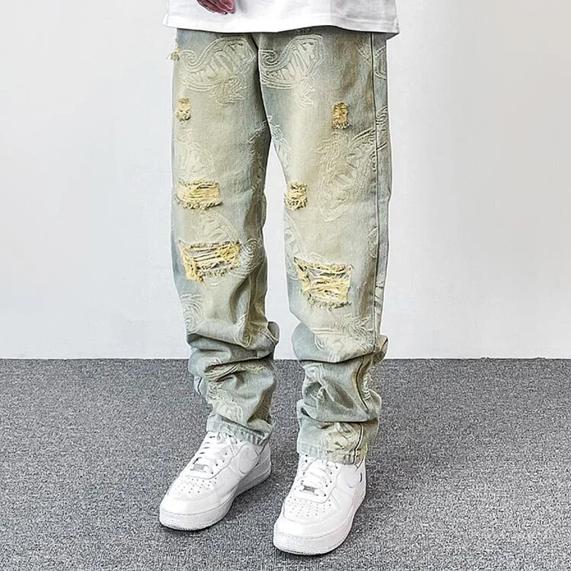 

Distressed Hole Ripped Washed Paisley Full Print Jeans Pant for Men Retro Straight Frayed Baggy Casual Cashew Denim Trousers