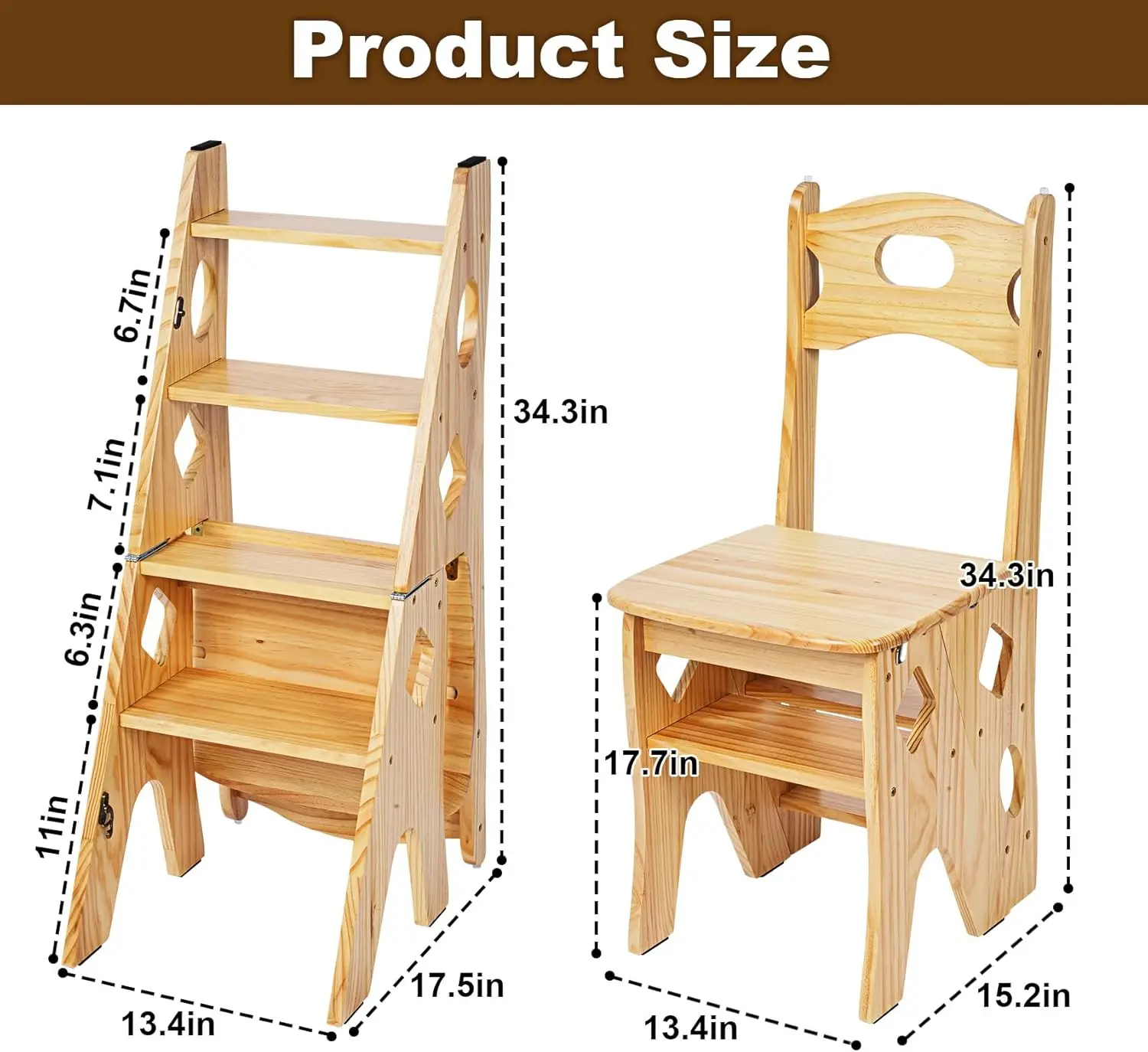 Chair Ladder Solid Folding Ladder Chair Wood 4-Step Stool Display Stand Flower Rack for Home,Library,Kitchen