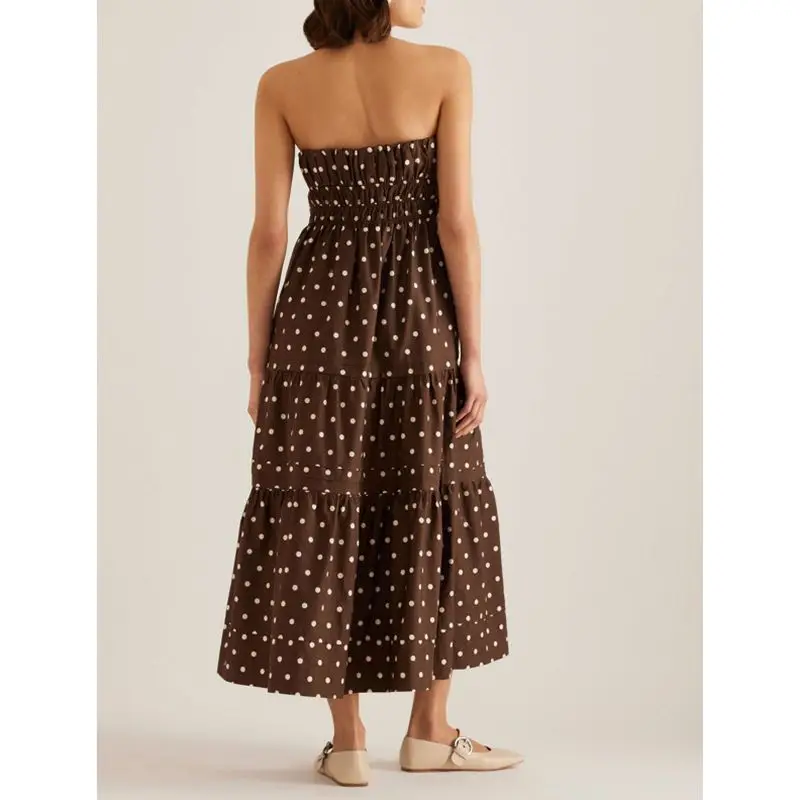 Combhasaki Vestido largo sin tirantes con estampado de puntos/color sólido con cordón frontal ahumado sin espalda y corte en A fluido con bolsillos