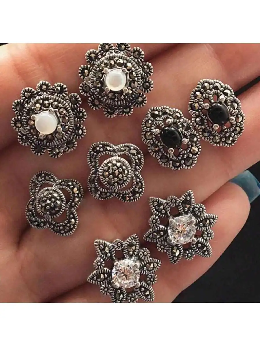 6 Pairs Vintage Floral Stud Earrings With Marcasite And Imitation Gemstones