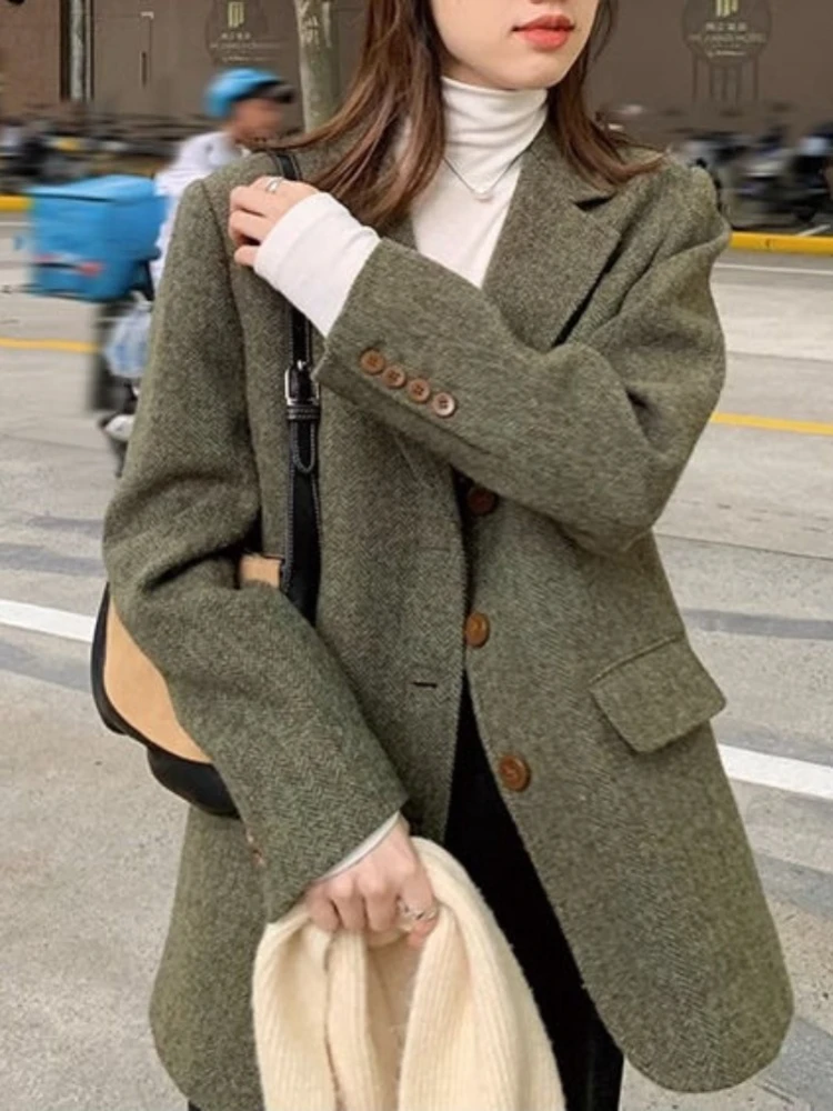 

Suit woolen coat women's new Korean short retro herringbone padded woolen jackets 2024 korean chic autumn winter fashion tops