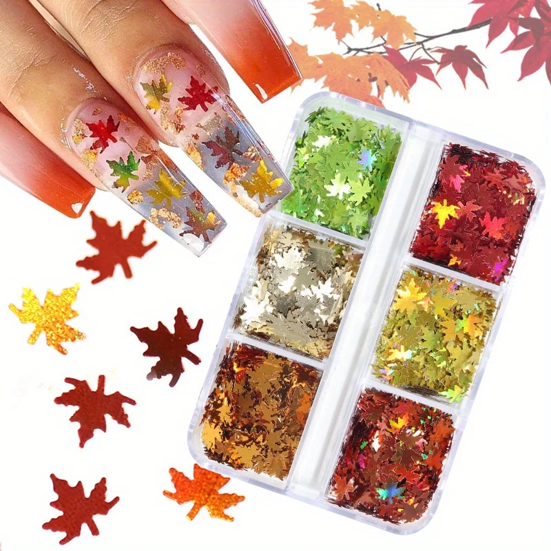 1 Box Sparkly Maple Sequins 6MM Leaf Laser Nail Sequins Glitter Fall/Winter Ornaments Christmas Thanksgiving Party Ornaments