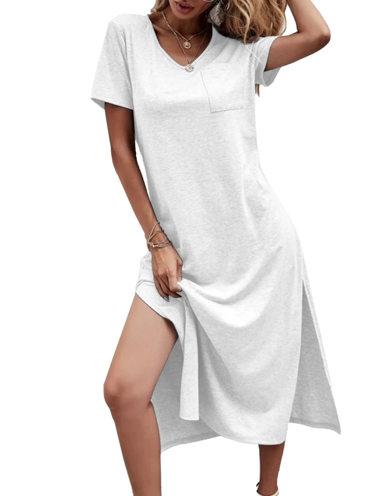 

V-Neck Side Split Simple Bodycon Dress Summer Women Clothes Solid Color Short Sleeve Long Dresses Casual Loose Fit Streetwear