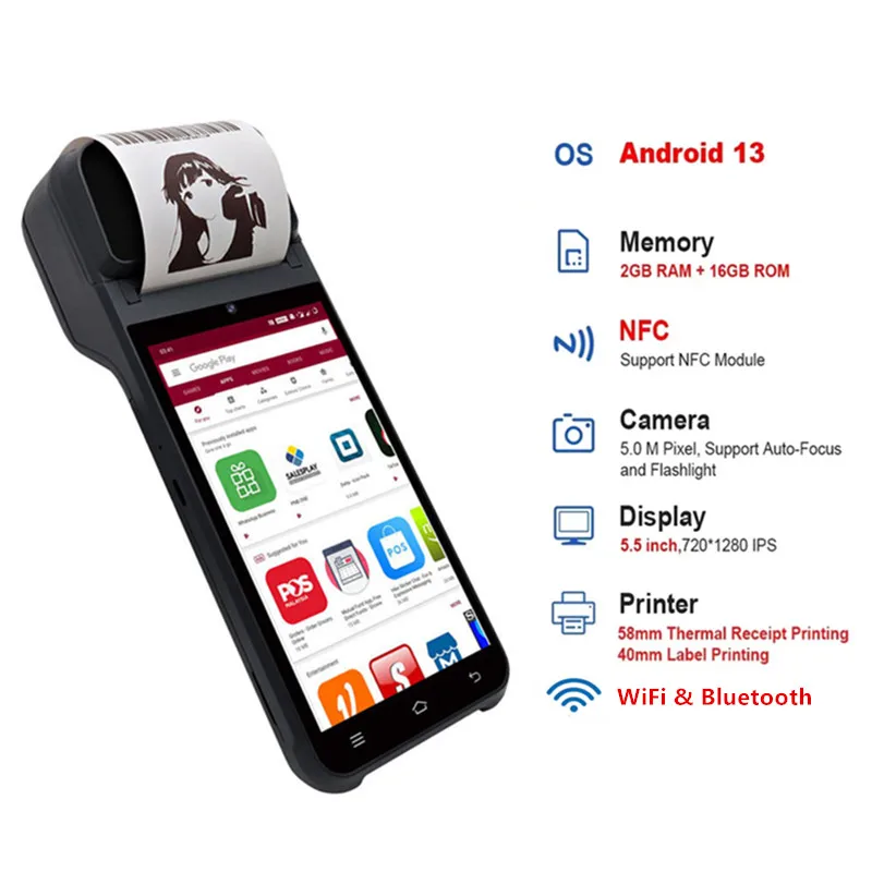 5.5-inch Touch Screen 4G Android 13 POS Terminal Mobile Payment Cash Register with NFC Camera Scanner 58mm Thermal Printer