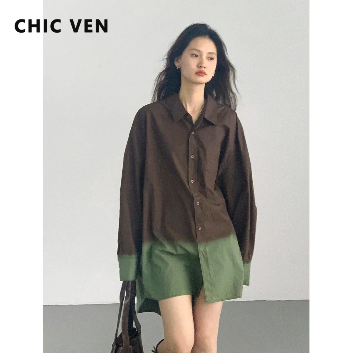 CHIC VEN Women Shirt Vintage Hanging Dye Drop Shoulder Long Sleeves Gradient Mid Length Shirts Female Coat Spring Autumn 2023