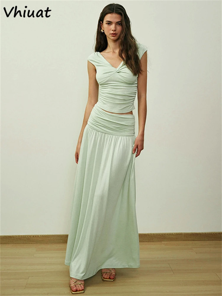 Vhiuat Vintage Elegantจีบกระโปรงผู้หญิงฤดูร้อน 2 ชิ้นชุดเสื้อกั๊กเสื้อY2Kยาวเอวสูงกระโปรงเซ็กซี่ชุด 2025