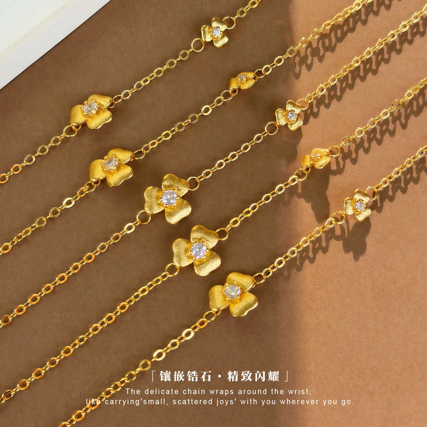 Luxury 24K 9999 Pure Gold real gold Women's Point Drill Three-piece Grass Bracelet Flower Bracelet