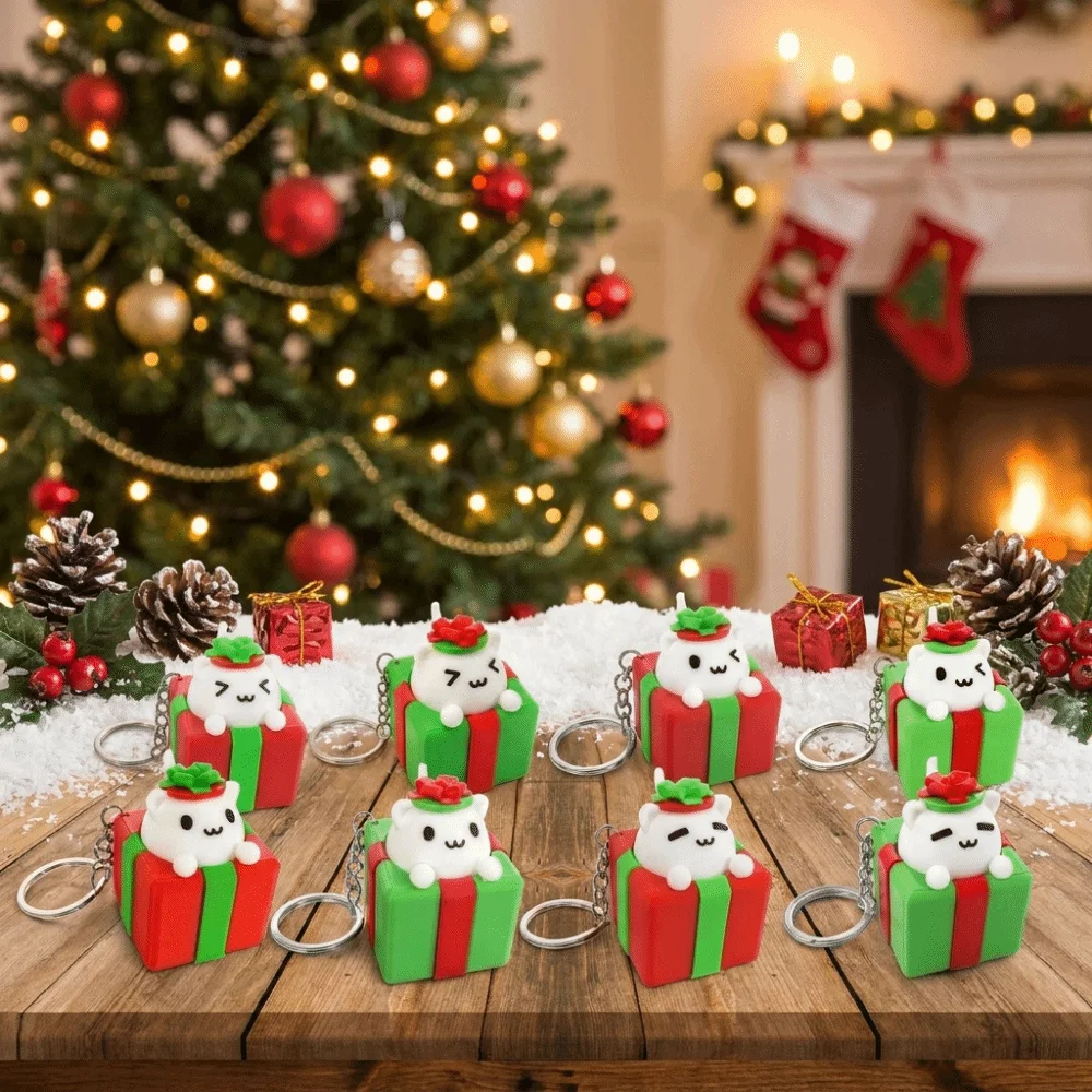 3D Printed Christmas Clicker Keychain Gift Box Shape Cute Button Press Key Ring Kawaii Style Cat Fidget Bag Cat Keychain