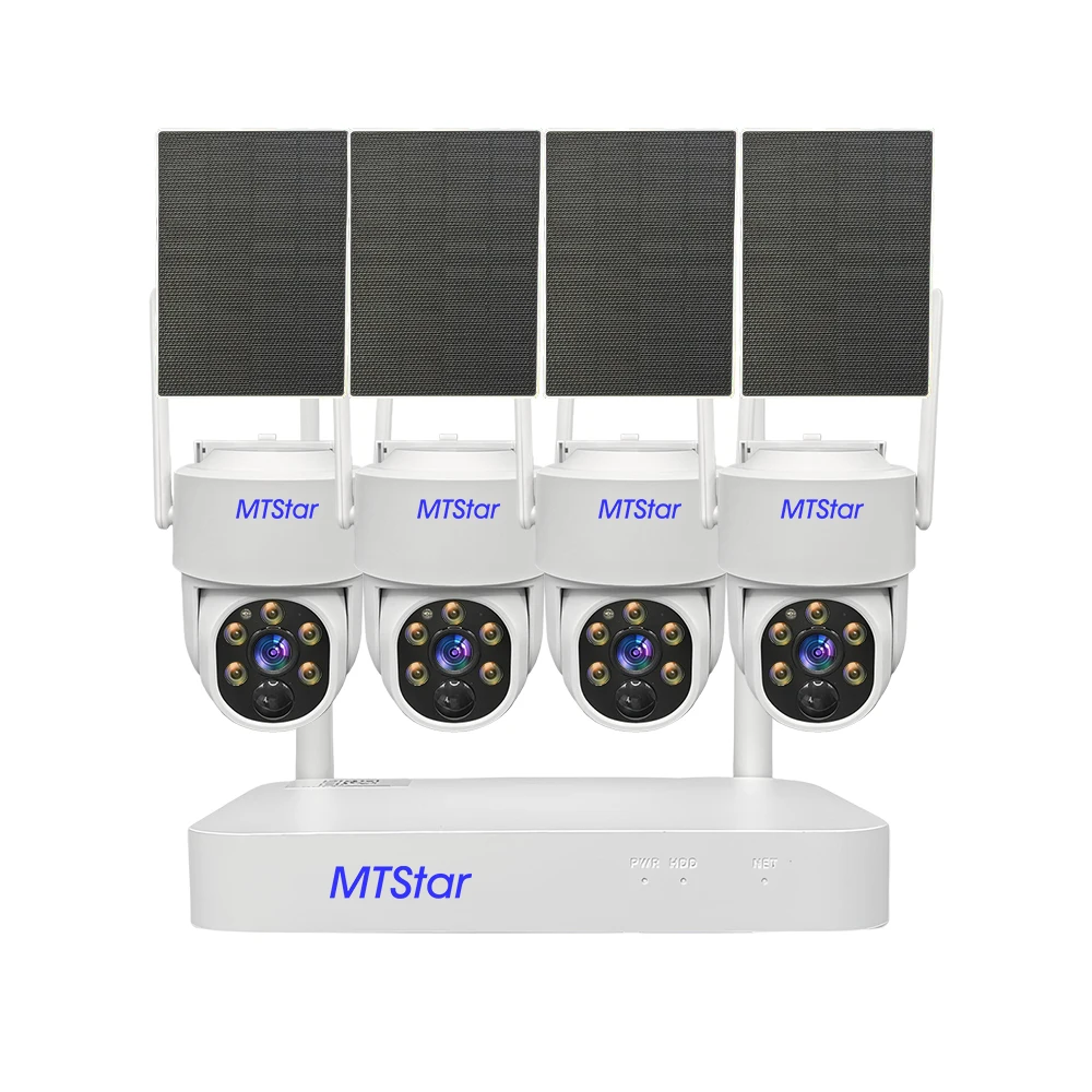 MTStar Wire-Free Solar PTZ Home Security Camera System Wireless, 4*4MP Eseecloud Smart WiFi Solar PTZ Camera Kits