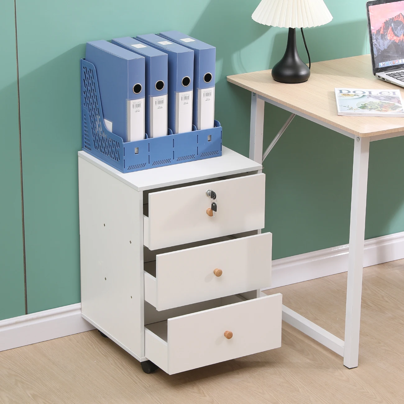 خزائن ملفات متنقلة ذات 3 أدراج من BonChoice، خزانة ملفات مكتبية قابلة للقفل مع عجلات دوارة، تخزين خشبي تحت المكتب #4