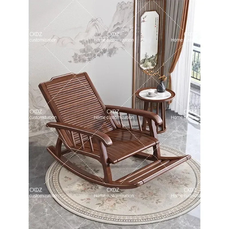 New Chinese Style Solid Wood Rocking Chair Walnut Wood Wax Oil Finish Household Leisure Adult Swing Chair for Living Room