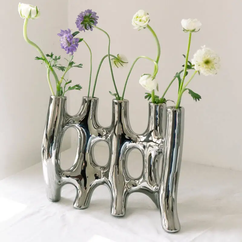 

Creative Abstract Vase Silver Ceramic Five-tube Vases Flower Arrangement Artifact Light Luxury Decoration Jarrones Room Decor