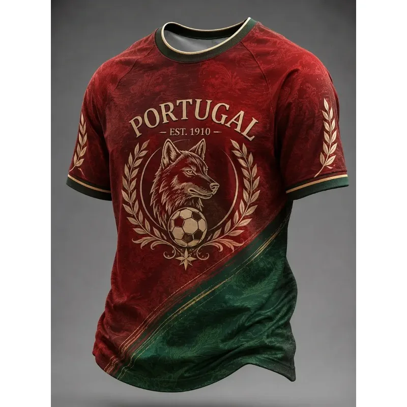 2026 Football Jersey Portugal 3D Digital Red Green Print Crest Print Unisex Short Sleeve Fans Casual Sports Tee for Match Day
