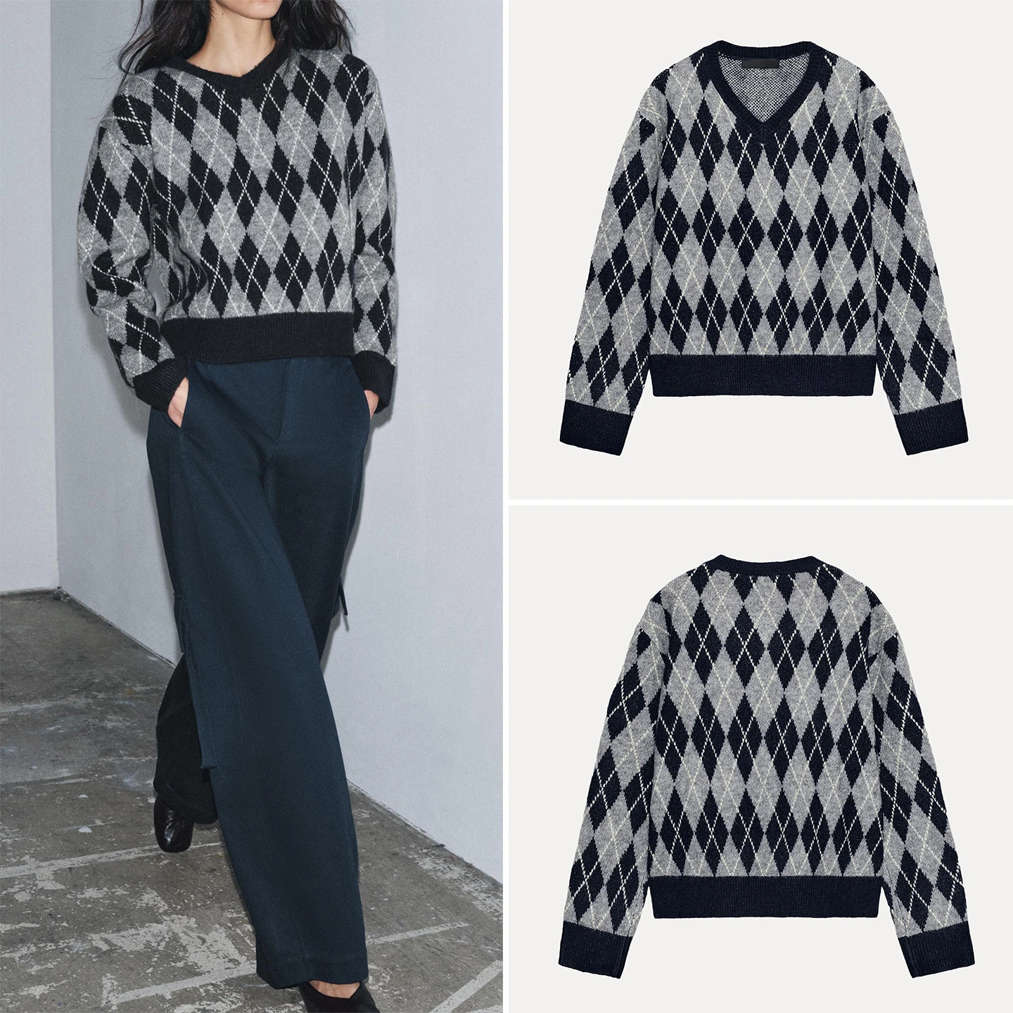 

Z Women's Faion Knitwear V-ne Diamond Pattern Casual Sle Long Sve Loose Fit Knitted Sweater Autumn 2025