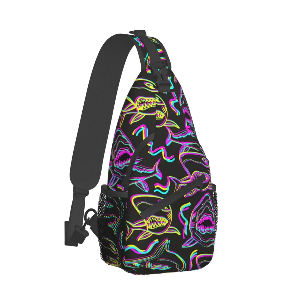 Neon Sharks Crossbody Chest Bags Neon Pattern Pockets Travel Pack Messenger Sports Teens Shoulder Bag Unisex