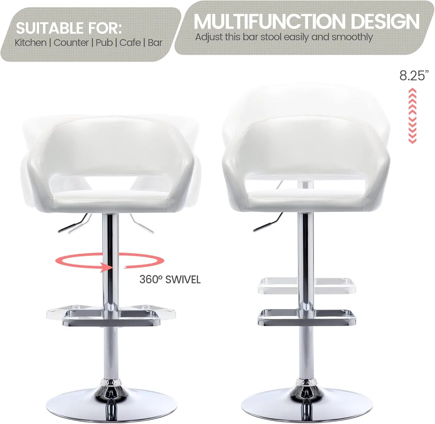Vogue Furniture Direct Adjustable Bar Stool With Hollow Back And Arms, Modern Pu Leather Swivel Barstool, Airlift Counter