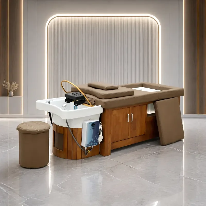 Oak Shampoo Bed with Ceramic Basin for Hair Water Circulation Fumigation Head Treatment Beauty Spa Wash Station