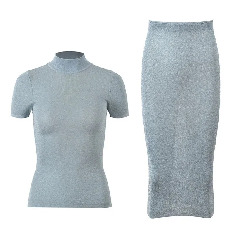 Viscose Polyester Dress Set French Elegant Sequin Beaded Slim Fit Blouse & Skirt Office Luxe