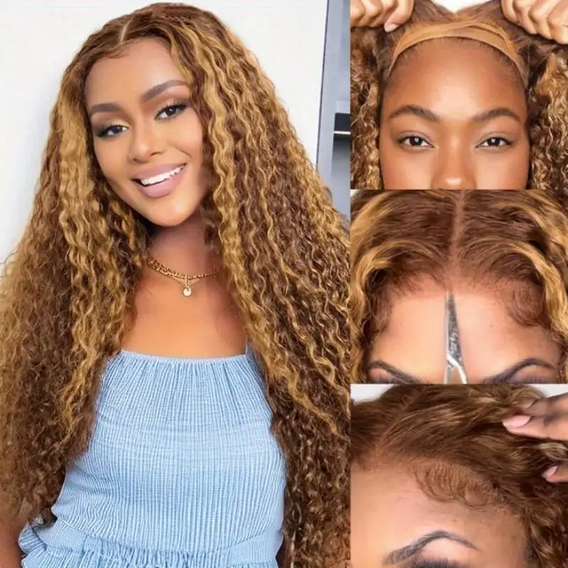 

16-дюймовый Highlight Ombre HD Кружевные фронтальные парики Вьющиеся человеческие волосы Парики 4/27 Цветные 5x5 220 плотность Вьющиеся парики человеческие волосы для женщин