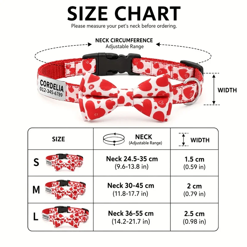 Printed Dog Collar with Custom ID Tag and Bow, Customizable Name & Phone Number Pendant Anti-Lost Nameplate