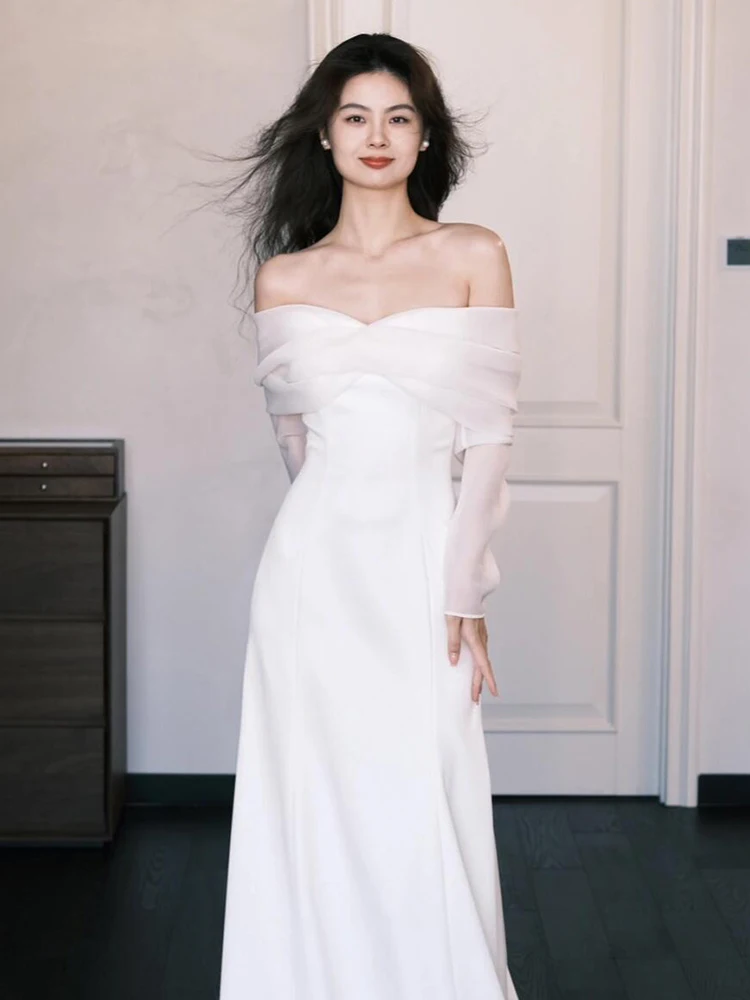 Matrimonio leggero in raso di seta Dr One oulder Abito da sposa lungo Sve Foto di viaggio all'aperto Nuovo vestito Ele 2025