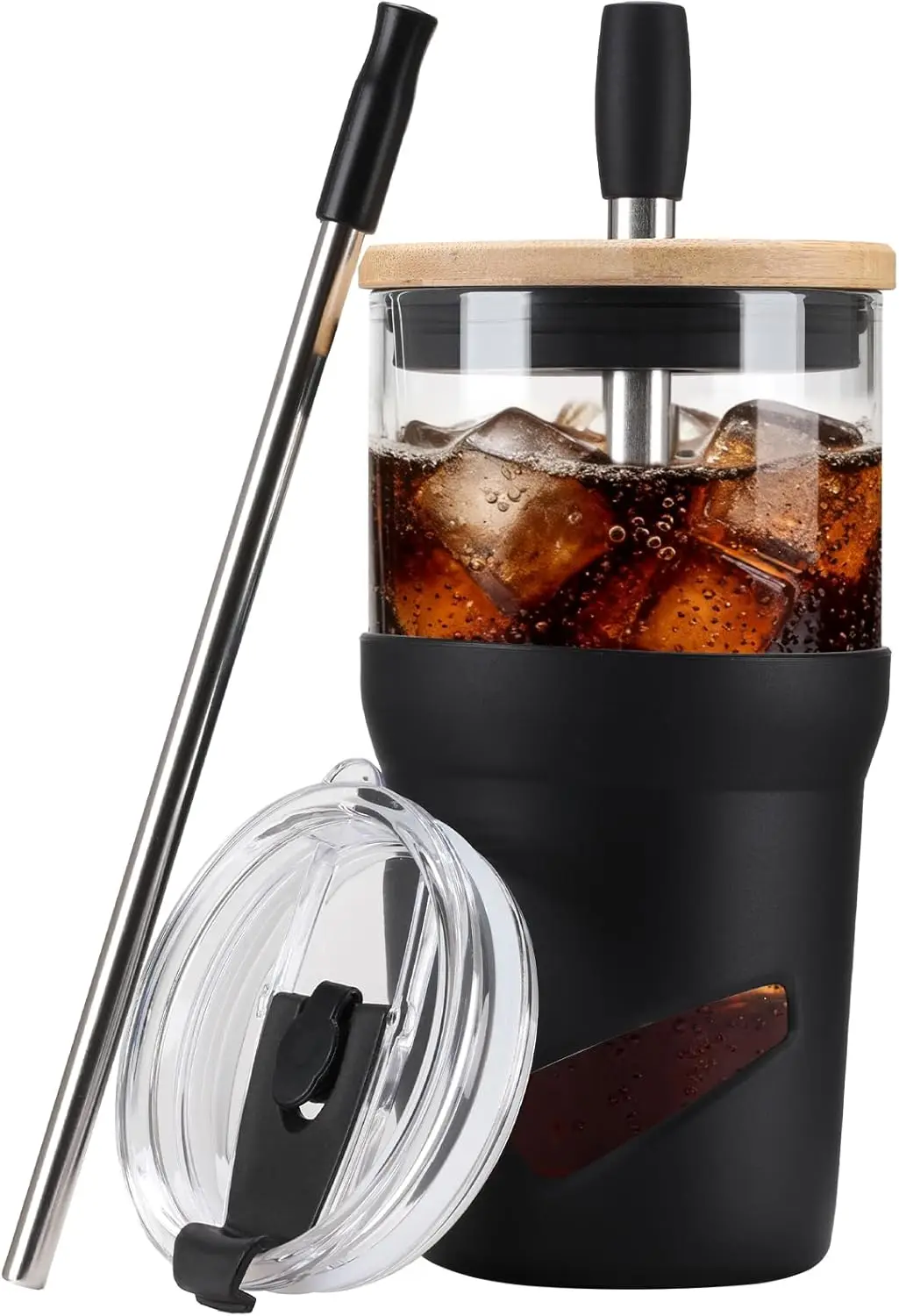 

20 oz Glass Tumbler with Lids and Straws, Iced Coffee Cup, Smoothie Cup with Bamboo & Flip Lids