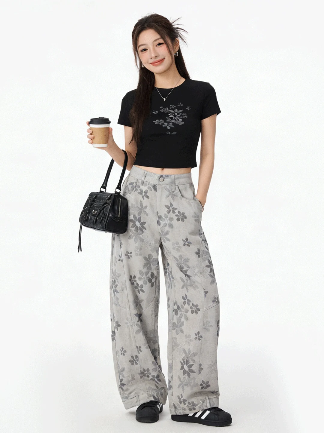 

American Retro ey Print Low Waist Wide Leg Soft Denim Spring New Drag Knife Pants Slimming Effect Floor Length Bootcut Jeans