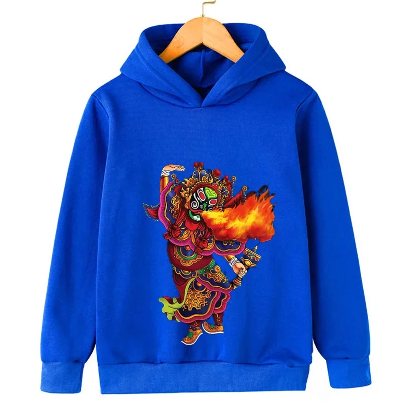 Chinese Sichuan Opera Print Kids Boys Hoodies Sweatshirts Autumn Pullover Teenager Boy Clothes Kid Girls Tops Children Clothing