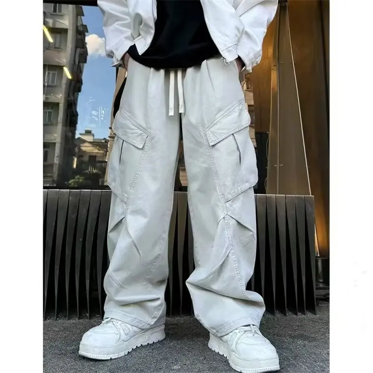 

Retro American Fall Men's Casual Pants Multiple Pockets Workwear Trousers Loose Straight Leg Wide Leg Casual Long Trousers