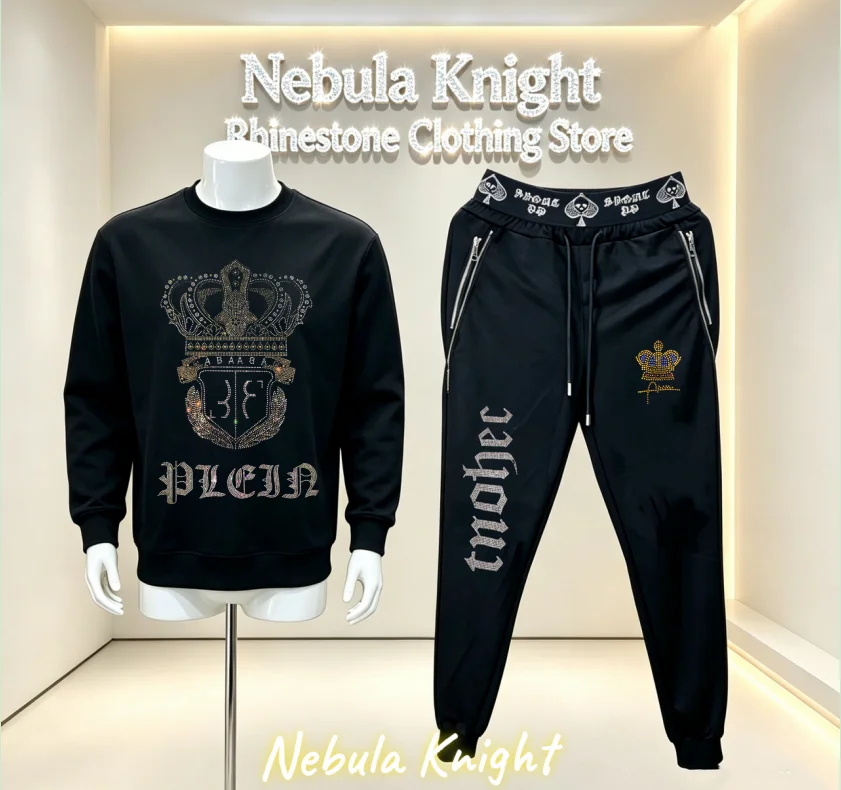 Designer Men's Bling Rhinestone Sports Tracksuit Streetwear Long Sleeve Top with Elastic Waist Jogging Pants Two-Piece Set