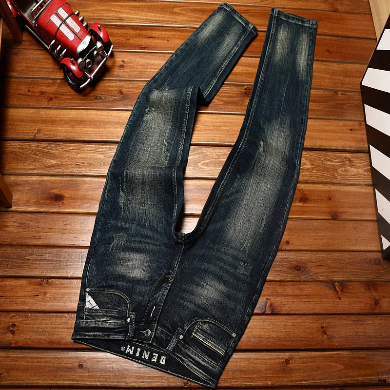 Retro Blue Jeans Men's 2024 Spring New Classic Men's Fashion Wear Stretch Washed Pencil Pants All-Matching Smart Trousers