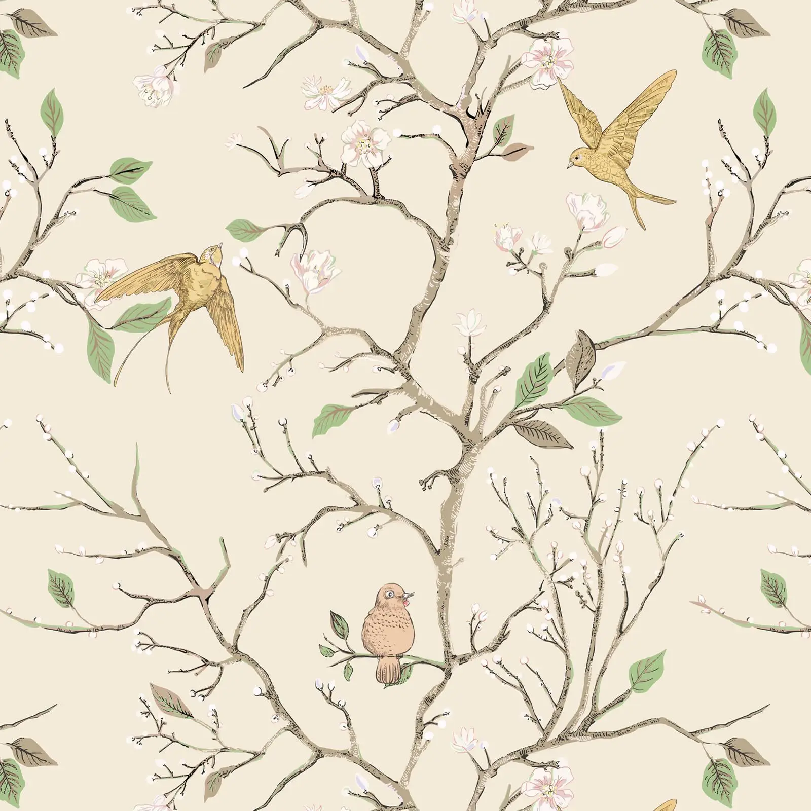 Vintage Beige Chinoiserie Flower Bird Self Adhesive Wallpaper Removable Waterproof Contact Paper for Wall Cabinet Renovation